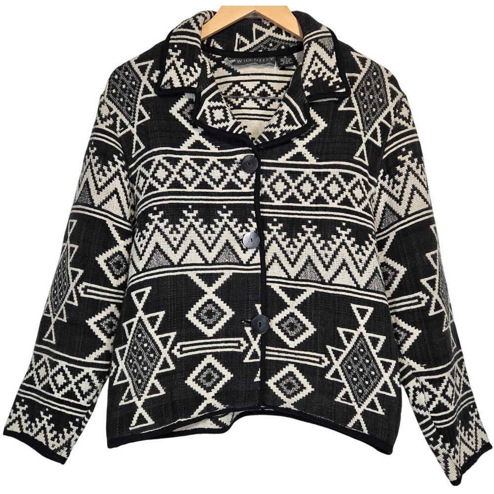 NEW IDENTITY Womens Geometric Print Jacket Black White Cotton Size M‎ Tapestry